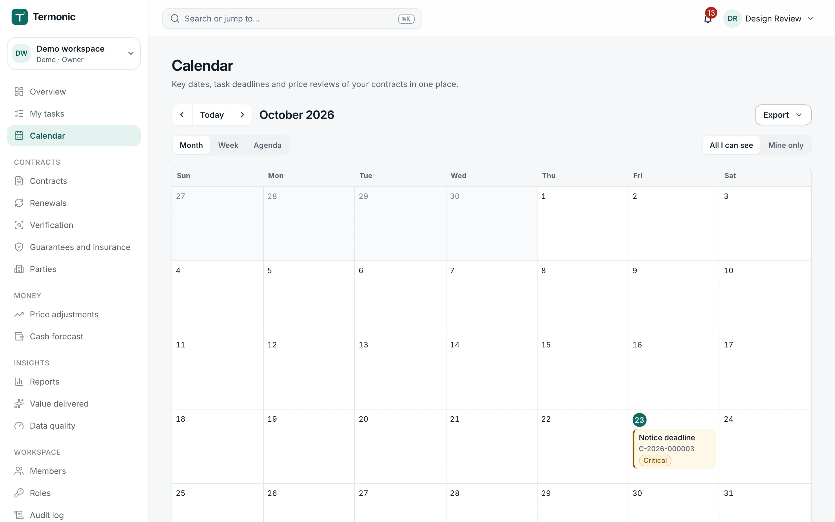 The Pactinel calendar with notice deadlines, renewals and obligations in a month view