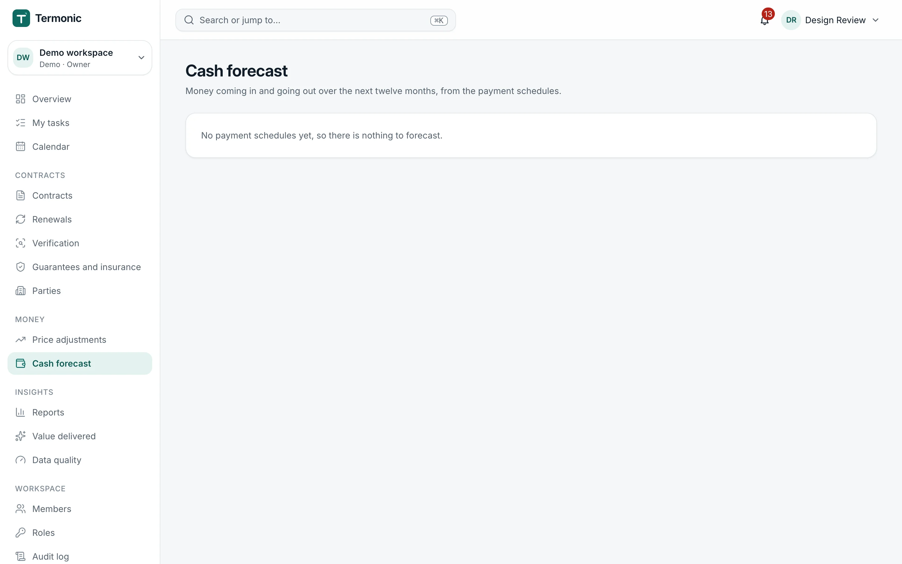The cash forecast in Pactinel showing expected payments and receipts by month