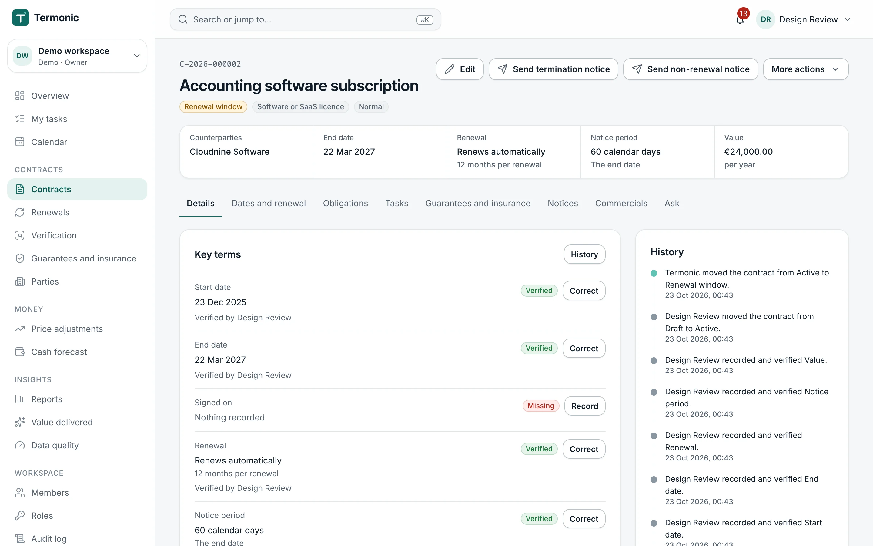 A contract record in Pactinel with its key facts, verified terms and history