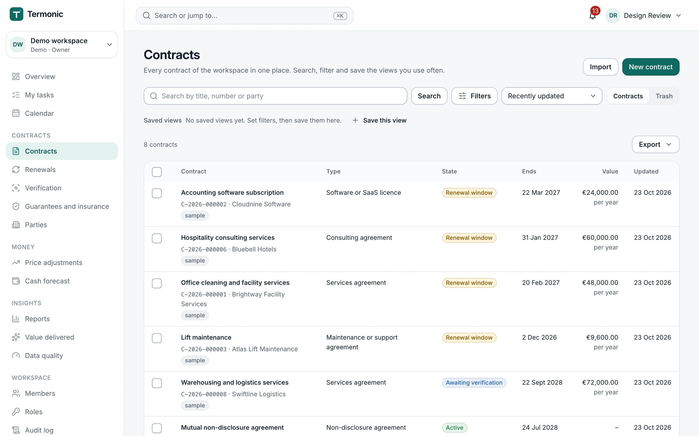 The contract register in Pactinel with search, filters and the contracts' states, parties and end dates