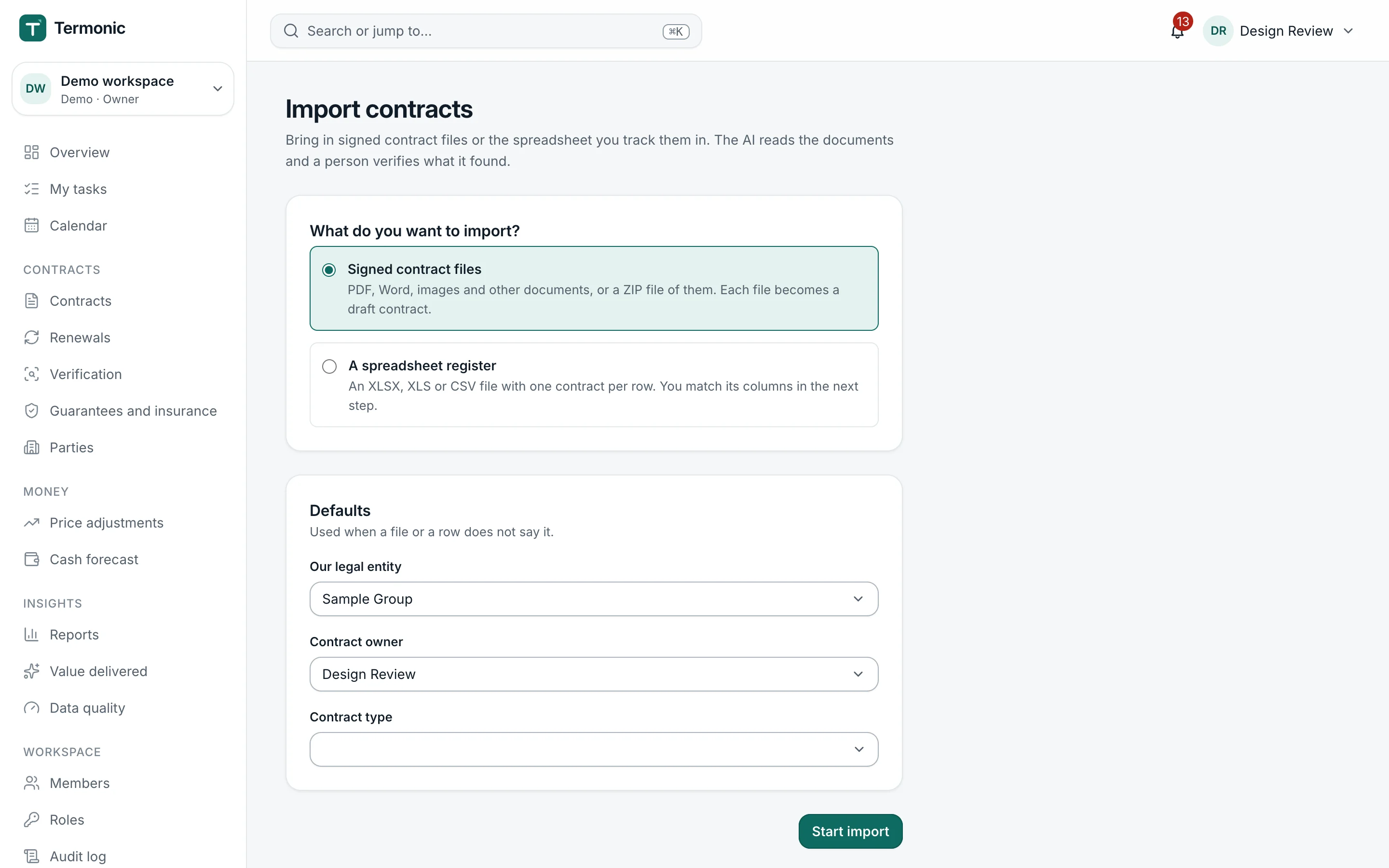 Importing contracts in Pactinel: signed files or a spreadsheet register, with defaults for each new contract