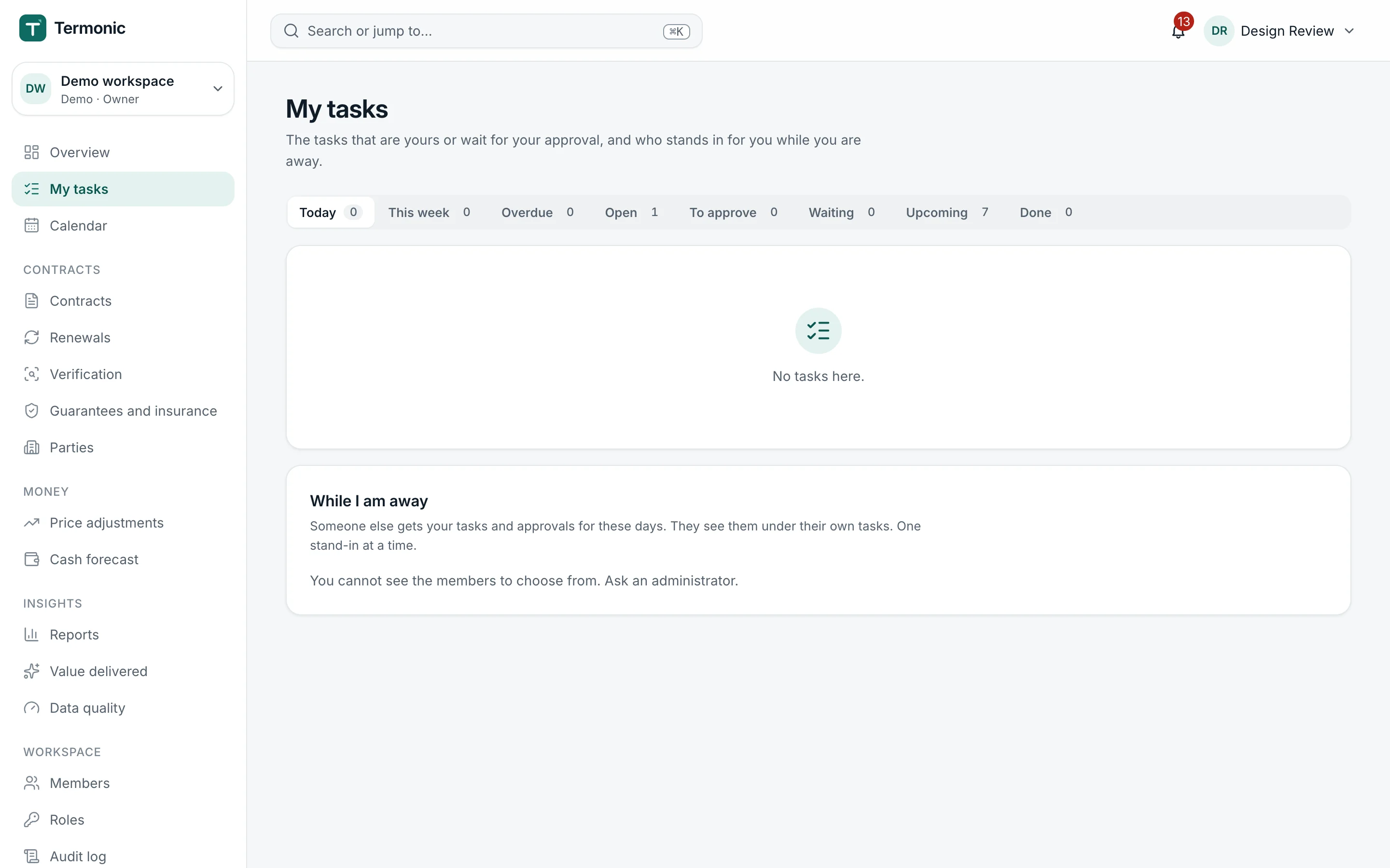 My tasks in Pactinel: tasks grouped by due date with their contracts and owners